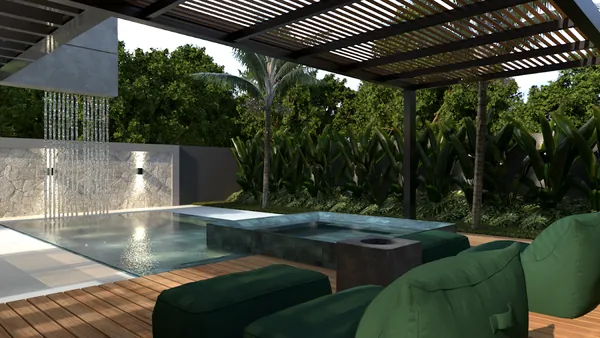 Área de lazer com piscina, deck de madeira e pergolado