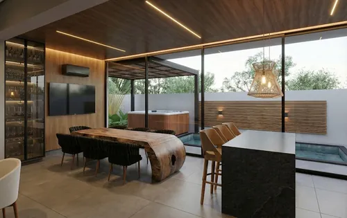 Sala integrada com jantar e vista para a piscina