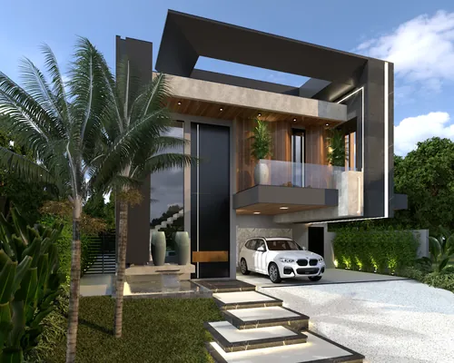Fachada com pórtico geométrico e escadaria