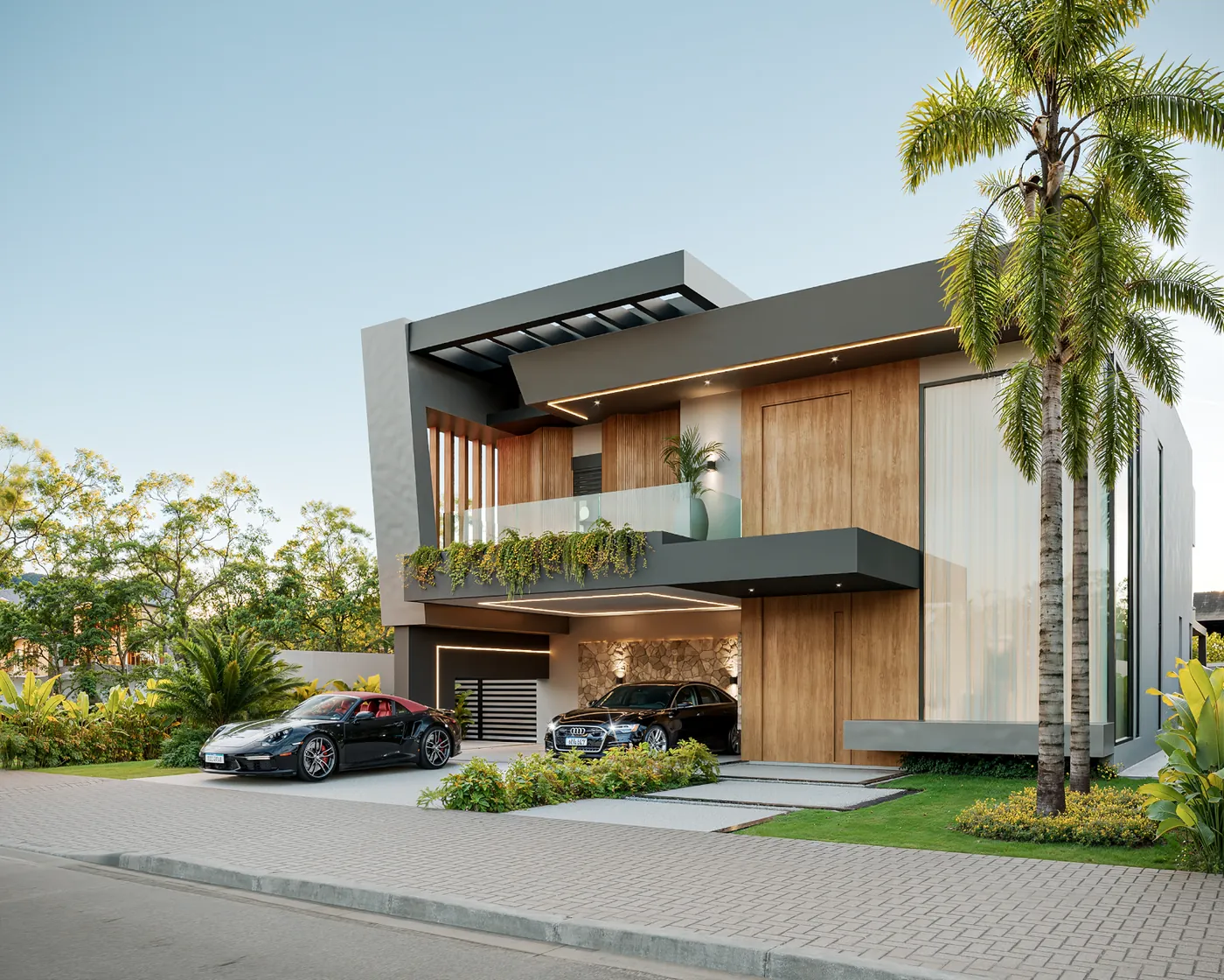 Fachada da residência Gabriel e Karen, em dois pavimentos com madeira e concreto