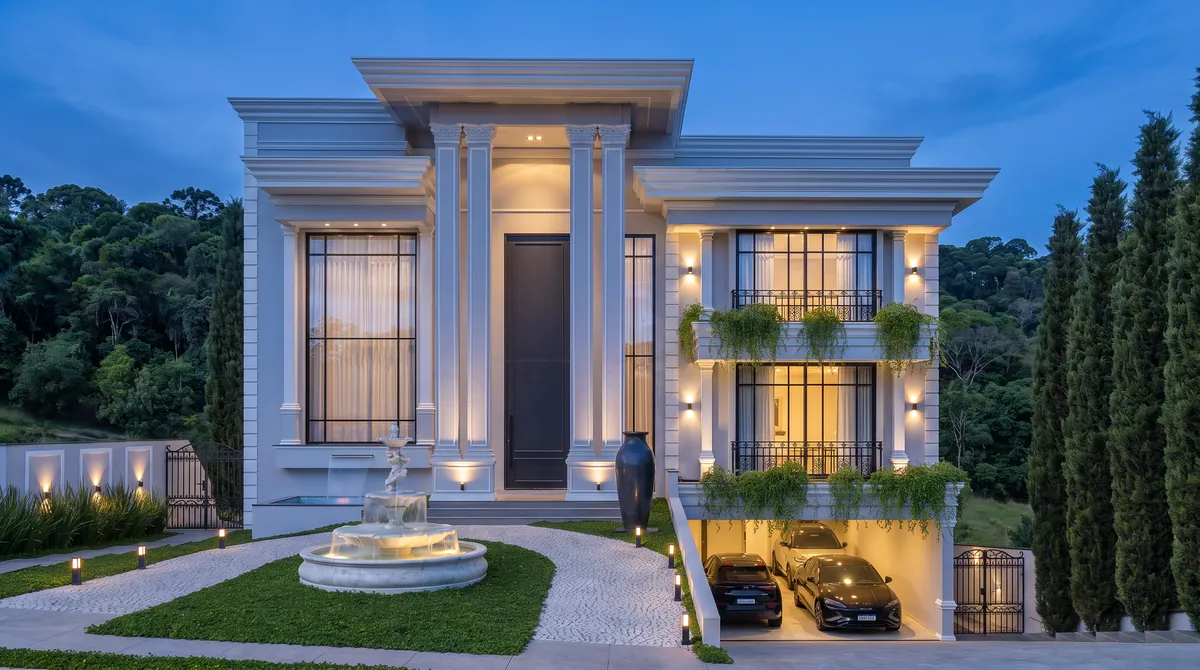 Fachada à noite — projeto da Simões Arquitetura